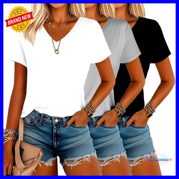 V Neck T-Shirts Loose Fit Casual Basic Trendy Straight Hem Tees 3 Pack